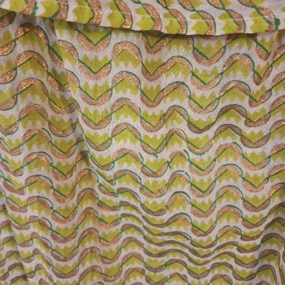 New Oliphant 100% Cotton Blouse Size Large Green Gold Off Shoulder Ruffled - Picture 7 of 7